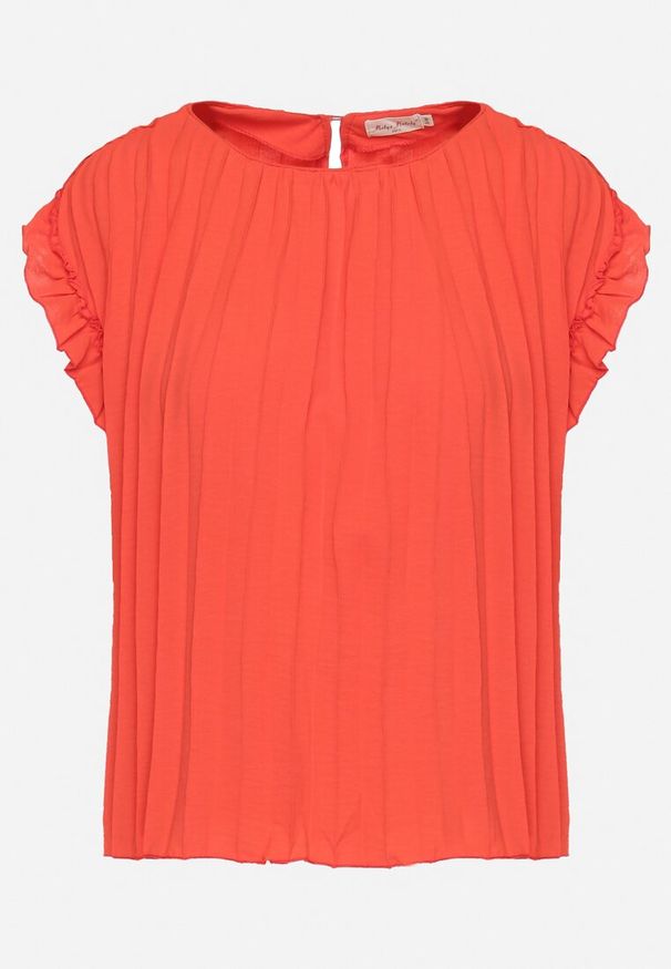 Born2be - Pomarańczowa Koszulka Top Plisowany z Krótkim Rękawem Cevaga. Kolor: pomarańczowy. Materiał: bawełna. Długość rękawa: krótki rękaw. Długość: krótkie. Styl: elegancki, klasyczny