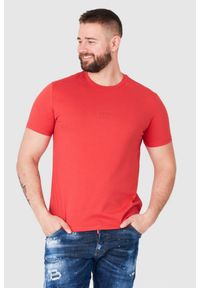 Guess - GUESS Czerwony t-shirt męski z aplikacją z logo, Rozmiar S. Kolor: czerwony. Wzór: aplikacja