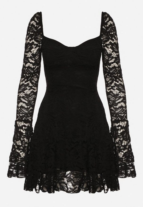 Born2be - Czarna Koronkowa Gorsetowa Sukienka o Rozkloszowanym Kroju Learinor. Typ kołnierza: dekolt gorset. Kolor: czarny. Materiał: koronka. Typ sukienki: gorsetowe