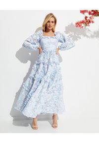 NEEDLE & THREAD - Letnia sukienka za kostki. Typ kołnierza: dekolt kwadratowy. Kolor: niebieski. Materiał: żakard, materiał. Wzór: kwiaty. Sezon: lato