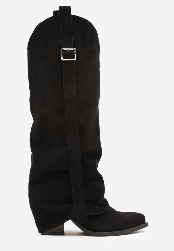 Born2be - Czarne Kozaki Kowbojki na Stożkowym Obcasie z Wywiniętą Cholewką i Klamrą Naletea. Zapięcie: klamry. Kolor: czarny. Szerokość cholewki: normalna. Obcas: na obcasie. Wysokość obcasa: średni