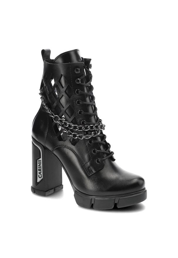 Czarne Botki Carinii Eleganckie Skórzane Buty Damskie. Kolor: czarny. Materiał: skóra. Szerokość cholewki: normalna. Obcas: na słupku. Styl: elegancki