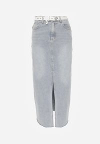 Renee - Jasnoniebieska Spódnica Jeansowa o Ołówkowym Kroju Zdobiona Rozcięciem Lisovira. Okazja: na spacer. Kolor: niebieski. Materiał: jeans. Wzór: aplikacja. Styl: elegancki, klasyczny #4