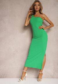 Renee - Zielona Asymetryczna Sukienka z Bawełny z Prążkowanej Dzianiny Wykończona Rozcięciem z Boku Moalita. Kolor: zielony. Materiał: bawełna, prążkowany, dzianina. Typ sukienki: asymetryczne. Styl: klasyczny #4