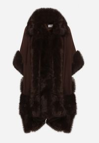 Born2be - Brązowe Ponczo z Wełną i Wiskozą Ozdobione Futerkiem Delatta. Okazja: na co dzień. Kolor: brązowy. Materiał: wełna, wiskoza, futro. Wzór: aplikacja. Styl: casual, elegancki #6