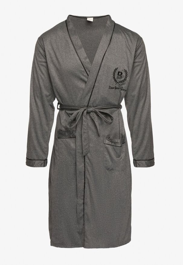 Born2be - Ciemnoszary Szlafrok z Bawełną Zdobiony Elegancką Lamówką i Aplikacją z Wiązanym Paskiem Attelora. Kolor: szary. Materiał: bawełna. Wzór: aplikacja