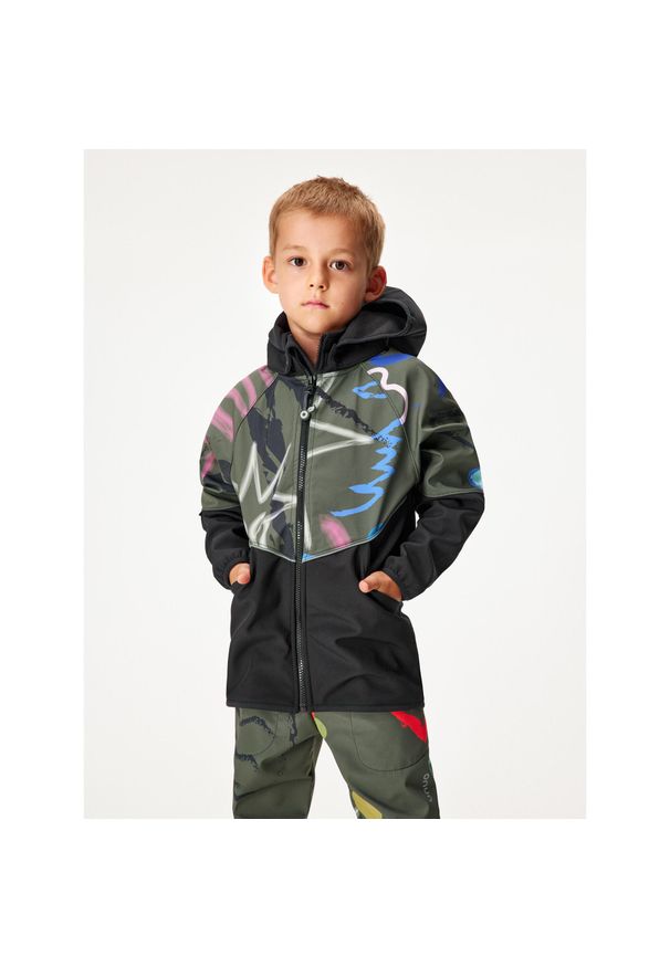 UNUO - Polarowa kurtka wąska softshellowa dla dzieci, czarny, khaki, Fantazie. Kolor: czarny. Materiał: materiał, poliester, softshell. Sezon: jesień, wiosna