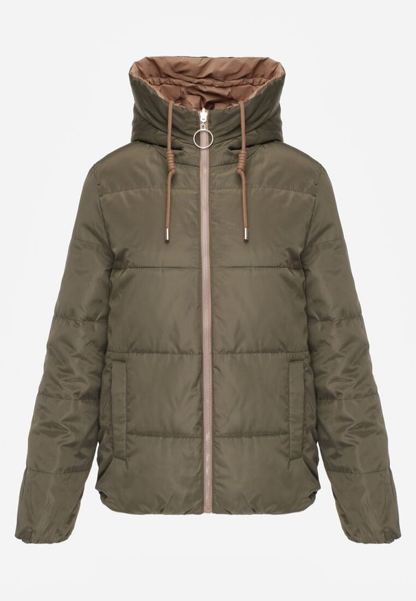 Renee - Ciemnobeżowa Pikowana Kurtka Dwustronna z Kapturem Ozdobiona Suwakami Nevetila. Okazja: na co dzień. Typ kołnierza: kaptur. Kolor: beżowy. Materiał: jeans. Wzór: aplikacja. Styl: casual