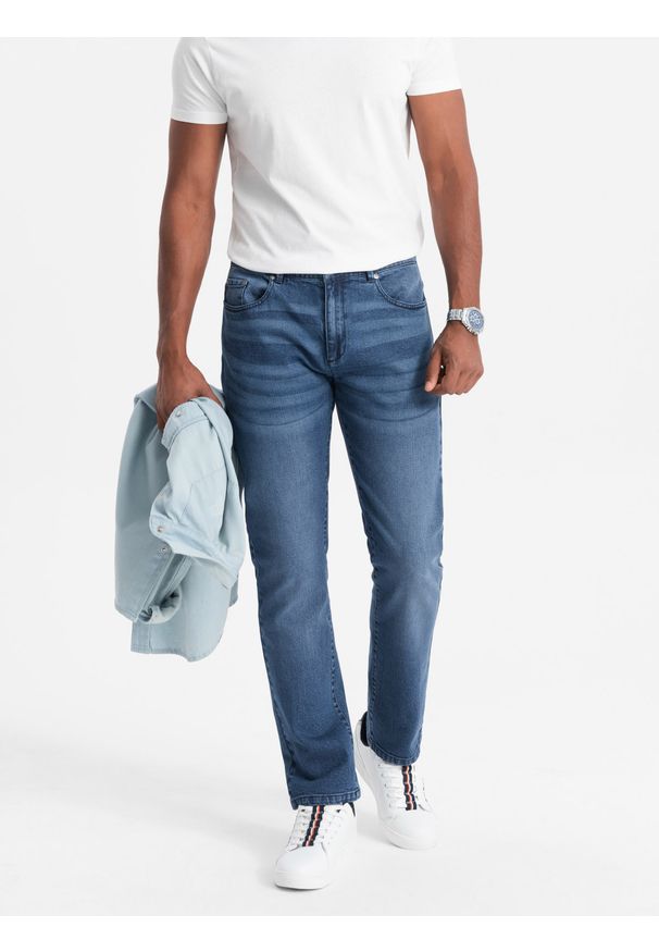 Ombre Clothing - Spodnie męskie jeansowe STRAIGHT LEG - niebieskie V3 - Rozmiar: XL. Kolor: niebieski. Materiał: jeans. Styl: klasyczny