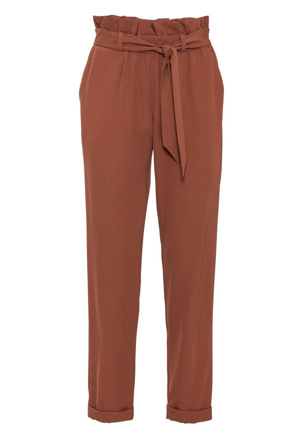 Spodnie z gumką w talii bonprix koniakowy. Kolor: brązowy. Materiał: poliester, materiał, elastan