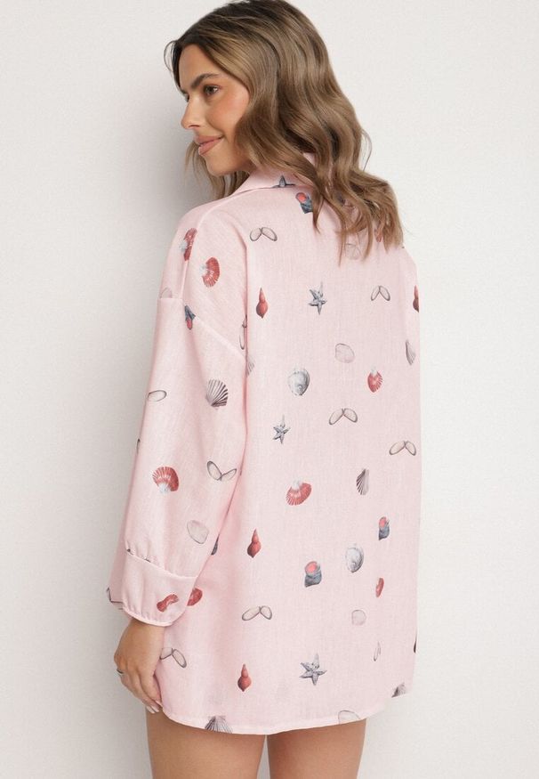 Born2be - Różowy Komplet z Wiskozą Koszula i Szorty z Motywem Morskim Reivienne. Kolor: różowy. Materiał: wiskoza. Wzór: aplikacja