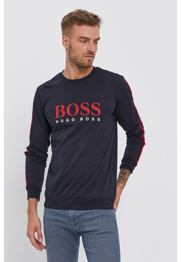 BOSS - Boss - Bluza bawełniana. Okazja: na co dzień. Kolor: niebieski. Materiał: bawełna. Wzór: nadruk. Styl: casual
