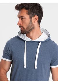 Ombre Clothing - Casualowy męski t-shirt bawełniany z kapturem – ciemnoniebieski melanż V12. Okazja: na co dzień. Typ kołnierza: kaptur. Kolor: niebieski. Materiał: bawełna. Wzór: melanż. Styl: casual #1