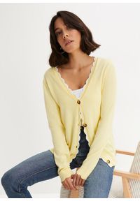 bonprix - Sweter rozpinany z kontrastowym ozdobnie wyciętym brzegiem. Kolor: żółty #1