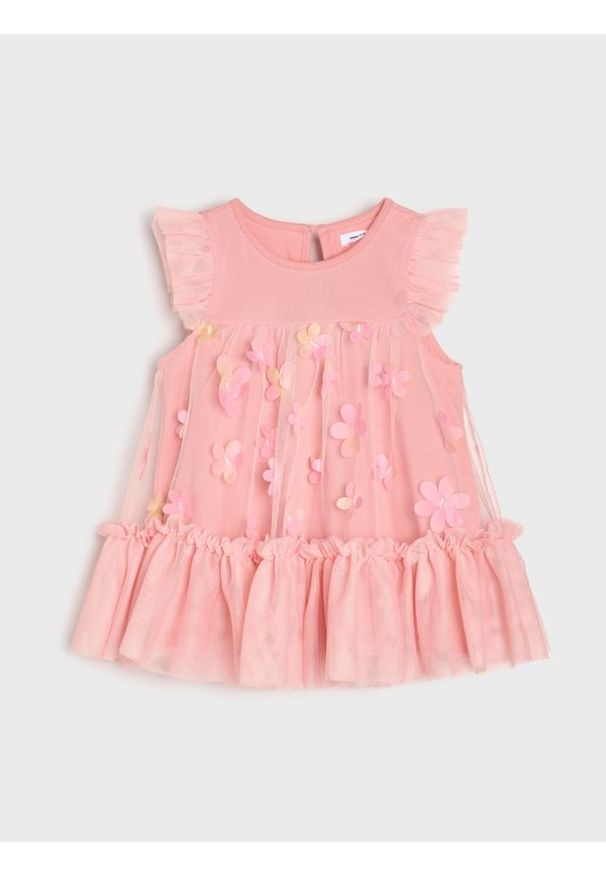 Sinsay - Tiulowa sukienka babydoll z elementami 3D - różowy. Kolor: różowy. Materiał: tiul