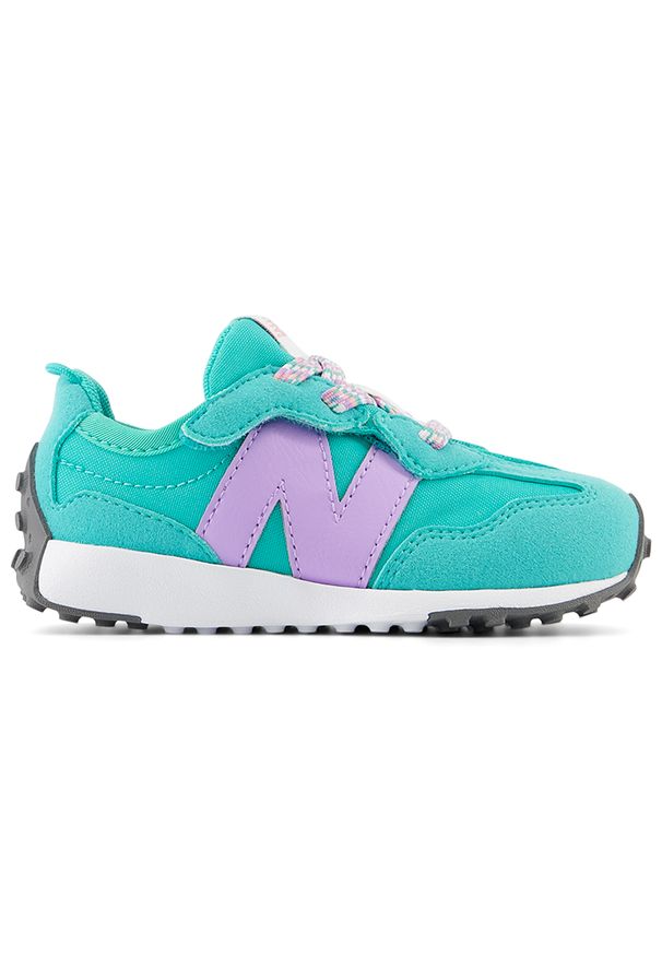 Buty niemowlęce New Balance NW327LCC – zielone. Okazja: na co dzień. Zapięcie: bez zapięcia. Kolor: zielony. Materiał: materiał, skóra, syntetyk. Szerokość cholewki: normalna. Wzór: kolorowy