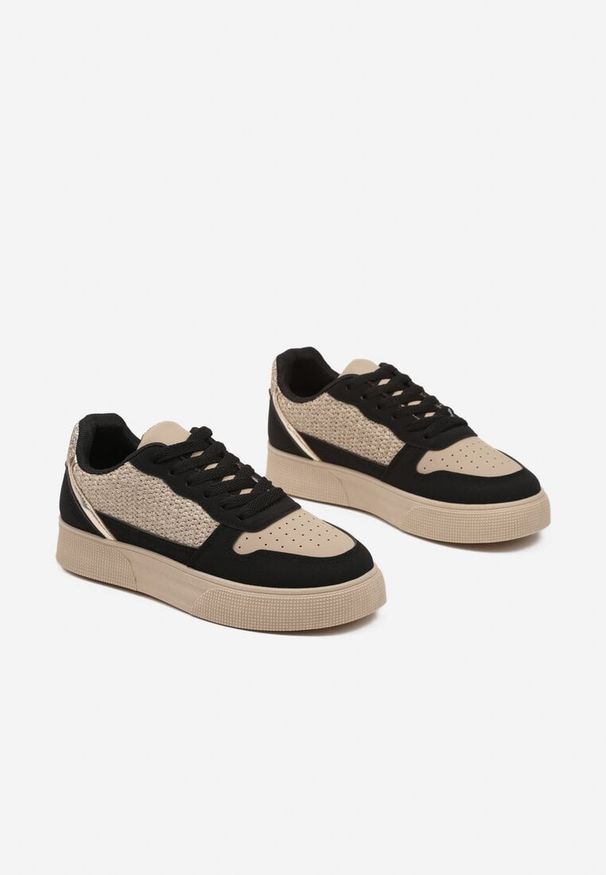 Born2be - Beżowo-Czarne Sneakersy na Grubej Podeszwie z Brokatem Perforacją i Plecionką Mirreina. Okazja: na co dzień. Kolor: beżowy. Materiał: jeans