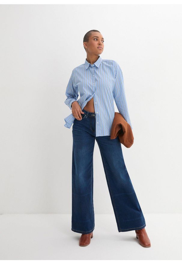 bonprix - Dżinsy wide leg, mid waist, z wygodnym paskiem. Kolor: niebieski