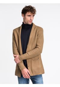 Ombre Clothing - Sweter męski rozpinany E164 - camel - L. Kolor: brązowy. Materiał: akryl. Wzór: ze splotem, aplikacja. Sezon: jesień #3