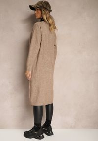 Renee - Beżowy Niezapinany Casualowy Kardigan z Wełną o Długim Kroju Zozita. Okazja: na co dzień. Kolor: beżowy. Materiał: wełna. Długość: długie. Styl: casual
