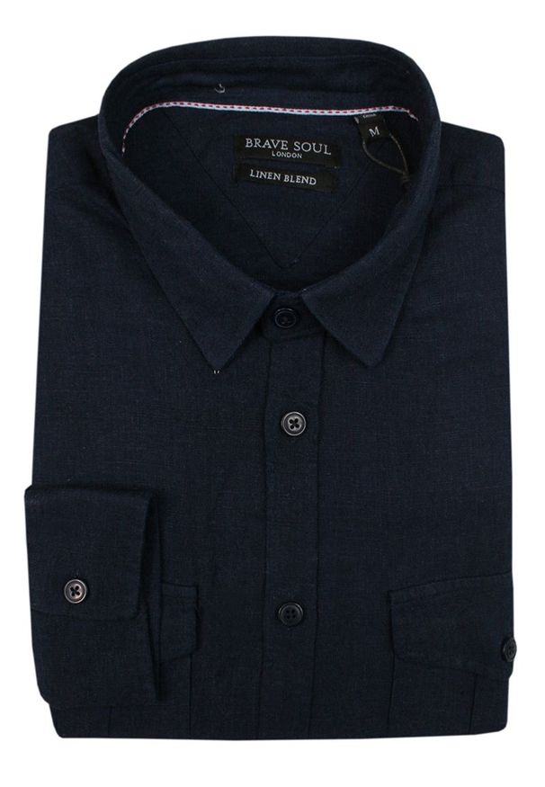 Brave Soul - Granatowa Męska Koszula Weekendowa, Taliowana -BRAVE SOUL- z Lnem, z Kieszonkami, Długi Rękaw. Okazja: na co dzień. Kolor: niebieski. Materiał: wiskoza, len. Długość rękawa: długi rękaw. Długość: długie. Styl: casual