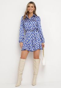 Born2be - Niebieska Koszulowa Sukienka z Wiązanym Paskiem Atheneta. Kolor: niebieski. Materiał: materiał. Wzór: nadruk. Typ sukienki: koszulowe #6