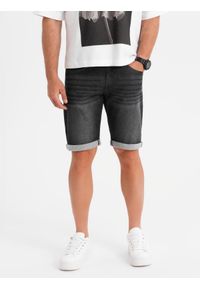 Ombre Clothing - Szorty jeansowe męskie z podwiniętą nogawką - czarne V3 - Rozmiar: S. Kolor: czarny. Materiał: jeans. Wzór: aplikacja. Sezon: lato. Styl: klasyczny