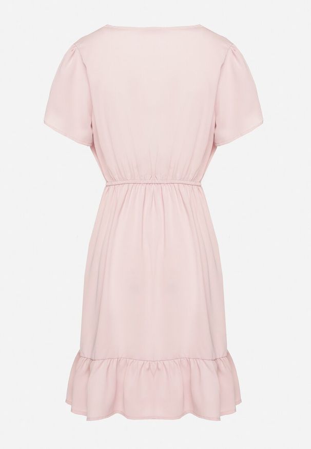 Born2be - Jasnoróżowa Rozkloszowana Sukienka z Gumką w Talii i Falbanką Welimia. Kolor: różowy