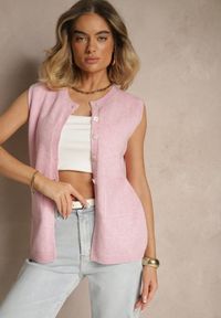 Renee - Różowa Sweterkowa Kamizelka z Wełną na Guziki Haliriela. Okazja: na co dzień, na spacer. Kolor: różowy. Materiał: wełna. Styl: casual #5
