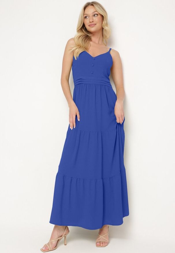 Born2be - Granatowa Sukienka na Regulowanych Ramiączkach z Gumką w Pasie Ebisina. Okazja: na co dzień. Kolor: niebieski. Długość rękawa: na ramiączkach. Sezon: lato. Styl: casual, elegancki