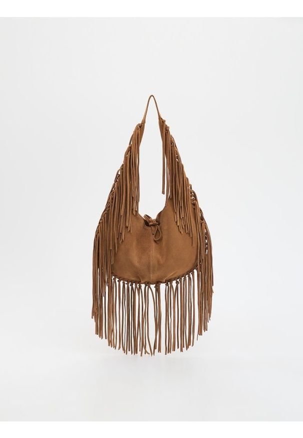 Reserved - Zamszowa torebka hobo z frędzlami - ciemnobrązowy. Kolor: brązowy. Dodatki: z frędzlami. Materiał: zamszowe