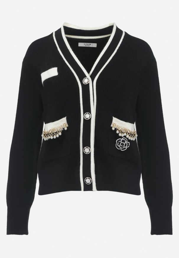 Born2be - Czarny Kardigan z Wiskozy i Łańcuszkami Seime. Okazja: na co dzień. Kolor: czarny. Materiał: wiskoza. Styl: klasyczny, elegancki, casual