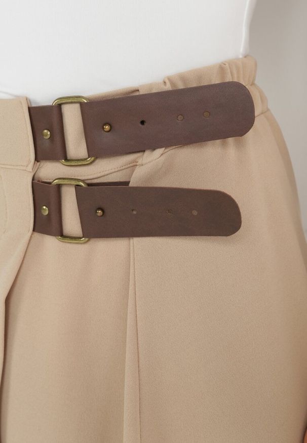 Born2be - Jasnobeżowa Kopertowa Spódnica Midi z Gumką w Pasie i Ozdobnymi Paskami Melirine. Okazja: na co dzień. Kolor: beżowy. Wzór: paski. Styl: casual