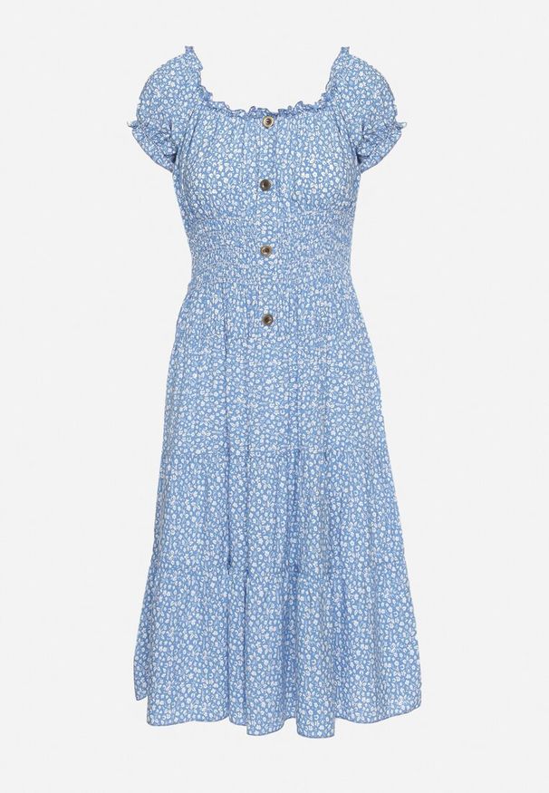 Born2be - Niebieska Bawełniana Sukienka w Drobne Kwiaty z Gumkami w Talii Fielita. Kolor: niebieski. Materiał: bawełna. Długość rękawa: krótki rękaw. Wzór: kwiaty. Sezon: lato. Styl: elegancki