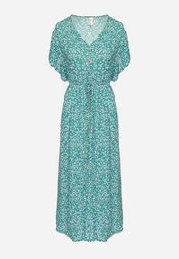 Born2be - Zielona Bawełniana Sukienka z Gumką w Talii w Drobne Kwiatki Nulinea. Okazja: na co dzień. Typ kołnierza: dekolt w serek. Kolor: zielony. Materiał: bawełna. Wzór: kwiaty. Typ sukienki: rozkloszowane. Styl: klasyczny, casual, elegancki #4