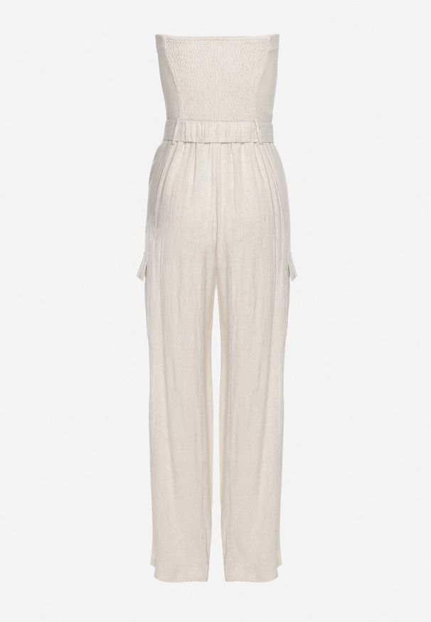 Born2be - Jasnobeżowy Kombinezon Zwężany w Talii Lnem i Wiskozą Qurefia. Okazja: na co dzień. Kolor: beżowy. Materiał: len, wiskoza. Długość: długie. Styl: casual, elegancki