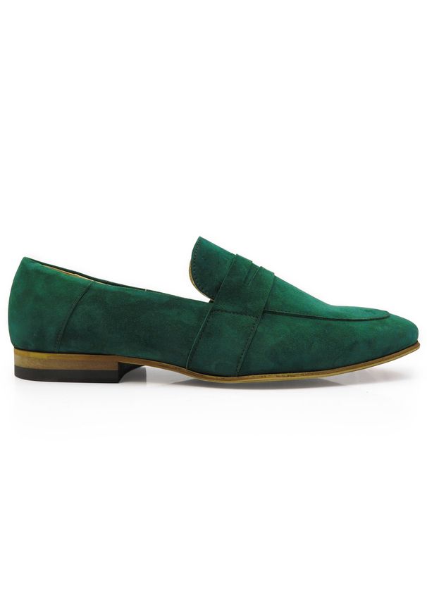 Faber - Ciemnozielone wsuwane buty męskie - penny loafers T116. Zapięcie: bez zapięcia. Kolor: zielony. Materiał: skóra, guma, zamsz. Sezon: lato. Styl: wizytowy, klasyczny, młodzieżowy