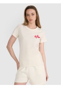 4f - 4F T-shirt regular z nadrukiem damski - biały L. Okazja: na co dzień. Kolor: biały. Materiał: jersey, tkanina, dzianina, bawełna, materiał. Wzór: nadruk. Styl: sportowy, klasyczny, elegancki, casual