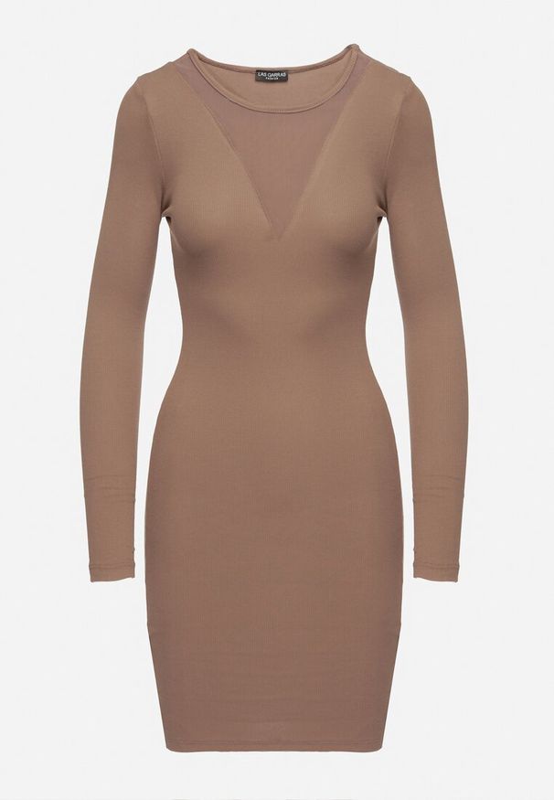 Born2be - Brązowa Bawełniana Dopasowana Sukienka Ozdobiona Transparentną Wstawką Rivirra. Okazja: na co dzień. Kolor: brązowy. Materiał: bawełna. Długość rękawa: długi rękaw. Wzór: aplikacja. Typ sukienki: dopasowane. Styl: casual