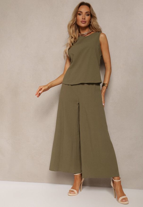 Renee - Ciemnozielony Komplet z Bawełny Spodnie Culottes i Luźny Top Tinelia. Kolor: zielony. Materiał: bawełna. Wzór: aplikacja