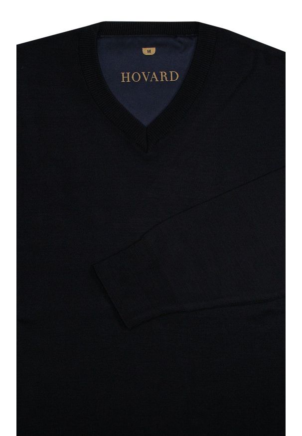 Hovard - Sweter Ciemny Granatowy Wełniany w Serek, V-neck, Męski, Cienki -HOVARD. Okazja: na spotkanie biznesowe, do pracy, na co dzień. Typ kołnierza: dekolt w serek. Kolor: niebieski. Materiał: akryl, wełna. Styl: biznesowy, klasyczny, casual, elegancki