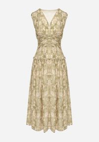 Born2be - Zielono-Beżowa Rozkloszowana Sukienka z Gumką w Talii na Grubych Ramiączkach Ketta. Okazja: na co dzień. Typ kołnierza: dekolt w kształcie V. Kolor: zielony. Materiał: jeans. Długość rękawa: na ramiączkach. Typ sukienki: proste. Styl: casual #3