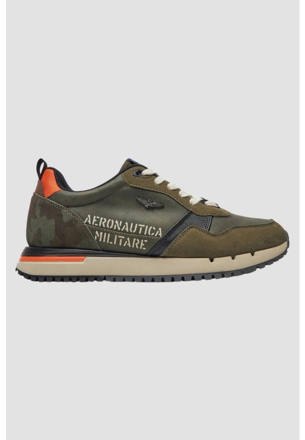 Aeronautica Militare - AERONAUTICA MILITARE Zielone męskie sneakersy Eco-leather AM, Rozmiar 45. Okazja: na co dzień. Kolor: zielony. Materiał: zamsz, skóra. Szerokość cholewki: normalna. Wzór: nadruk