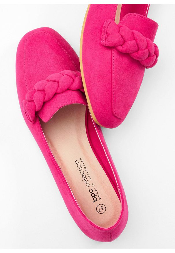 bonprix - Loafersy z plecionym paskiem. Zapięcie: pasek. Kolor: różowy. Styl: elegancki