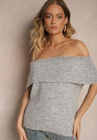 Renee - Jasnoszary Sweter Top z Hiszpańskim Wywijanym Dekoltem z Wełną Inarose. Kolor: szary. Materiał: wełna #3