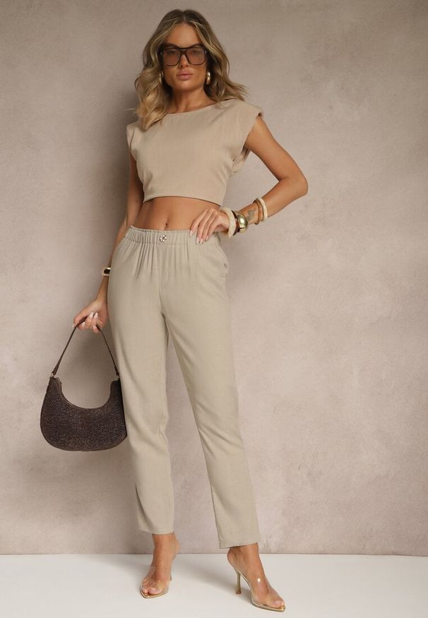 Renee - Beżowe Casualowe Spodnie z Lnem z Gumką w Pasie Filanisse. Okazja: na co dzień. Kolor: beżowy. Materiał: len. Styl: casual