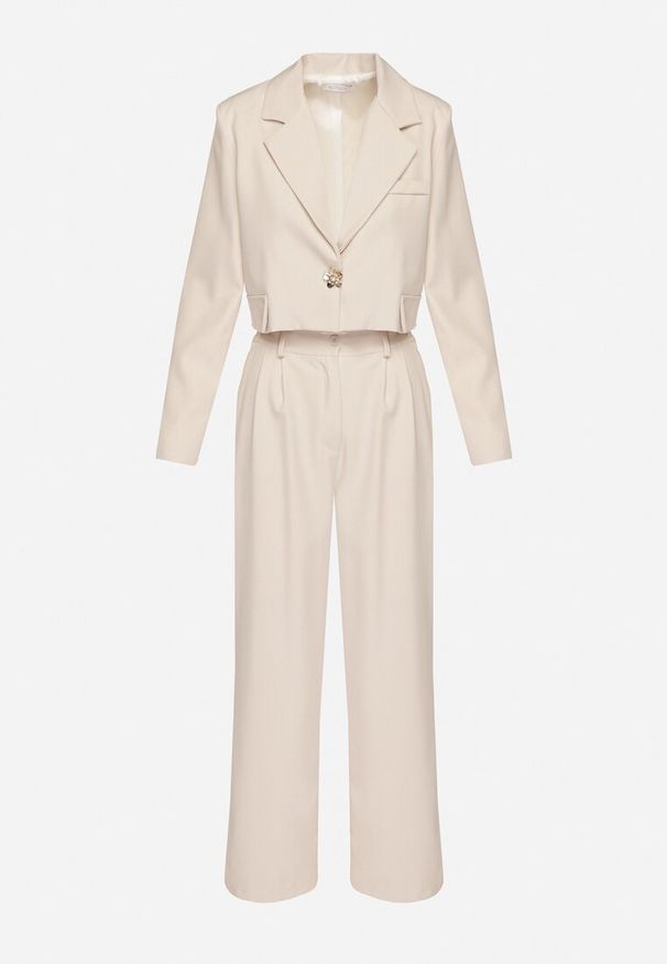 Born2be - Beżowy Komplet Garniturowy Marynarka z Broszką i Spodnie Sarkio. Kolor: beżowy