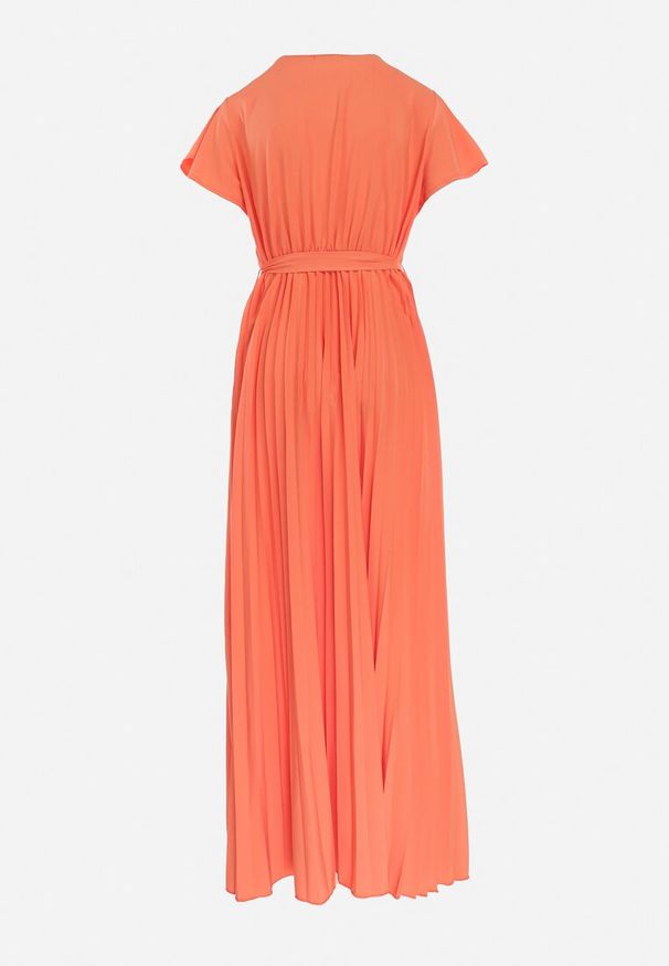 Born2be - Pomarańczowa Elegancka Sukienka Maxi w Plisy z Kopertowym Dekoltem i Wiązaniem Thessi. Kolor: pomarańczowy. Sezon: lato. Typ sukienki: kopertowe. Styl: elegancki. Długość: maxi