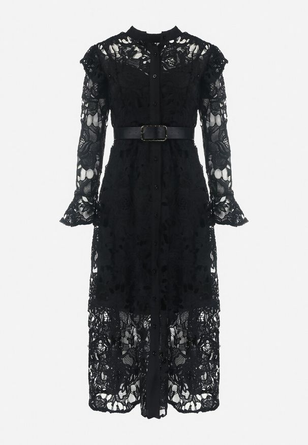 Born2be - Czarna Sukienka Maxi Koronkowa z Paskiem z Ekoskóry Dodatkowo Halka Fesumma. Kolor: czarny. Materiał: koronka. Długość rękawa: na ramiączkach. Długość: maxi