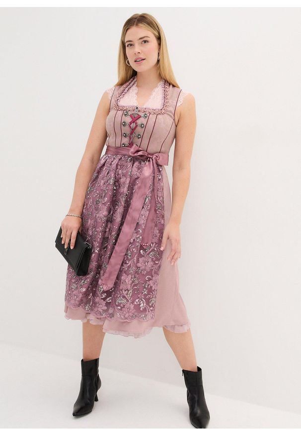 bonprix - Sukienka w ludowym stylu, z fartuchem (2 części). Kolor: różowy